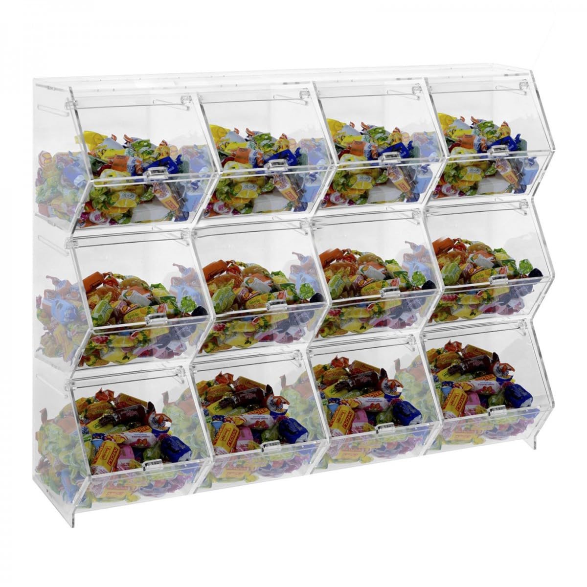 Porta caramelle confezionate da banco o da parete in plexiglass trasparente a 12 scomparti CON sportello a scomparsa - Misure totali: L 52 x P 18 x H 45 cm