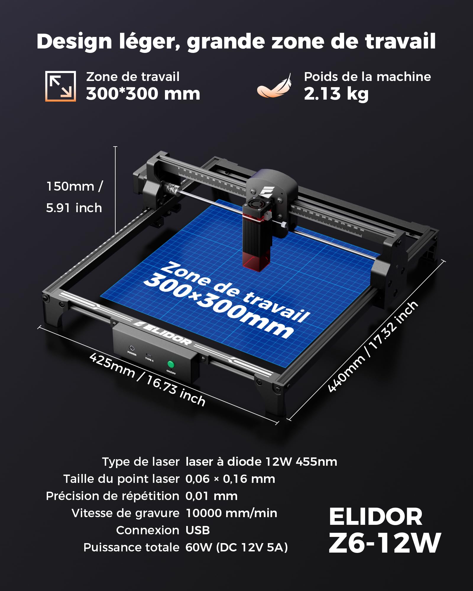 ELIDOR Z6 Machine de gravure laser 6 W, 0,01 mm, haute précision, zone de travail 300 x 300 mm, découpe laser pour bois, cuir, plastique, idéale pour les débutants et cadeaux personnalisés