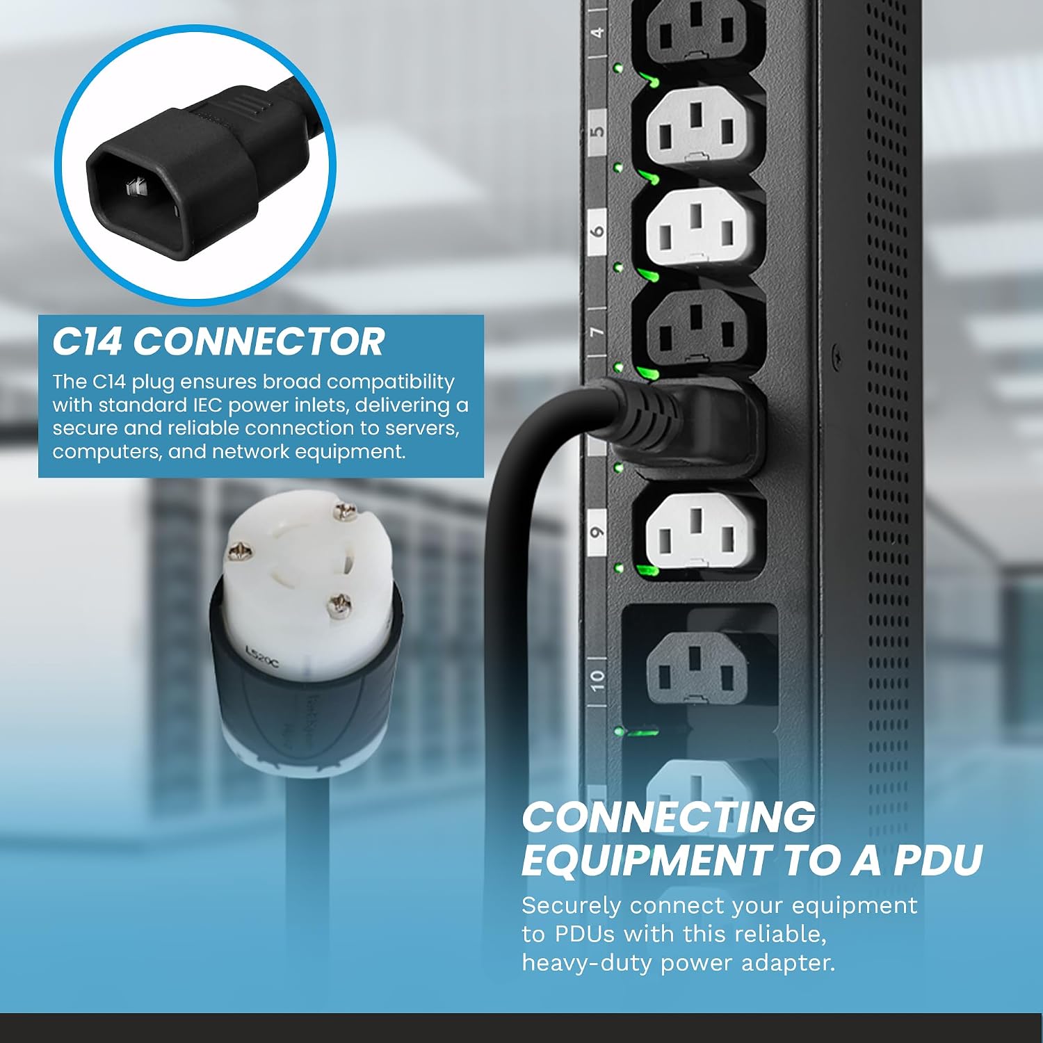 IronBox Electric - IEC C14 to NEMA L5-20R Plug Adapter Power Cord - Rated for 15A/125V - 14 AWG - UL Listed Twist Lock Extension Cable - Heavy Duty Power Cable for Server Rack or Data Center (1 Foot)