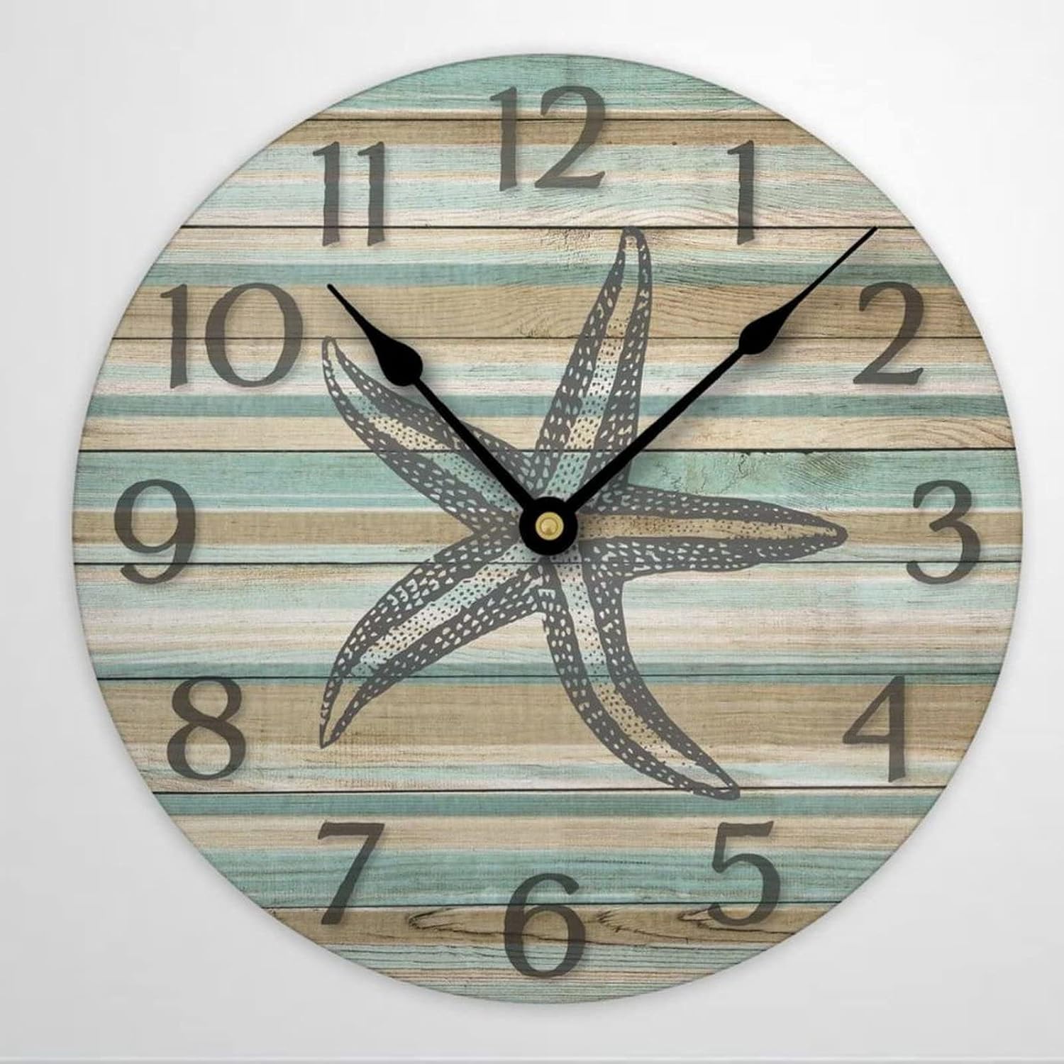 Beach Starfish Wall Clock Coastal Clock Silent Non-Ticking Clock 12 Inch Battery Operated Wooden Home Decor for Kitchen Living Room Bathroom Office Gift Idea