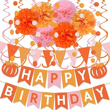 Thanksgiving Birthday Party Decorations Pink and Orange Groovy Party Decorations Pumpkin Happy Birthday Banner Fall Autumn Thanksgiving Harvest Decorations for Fireplace Mantle Home