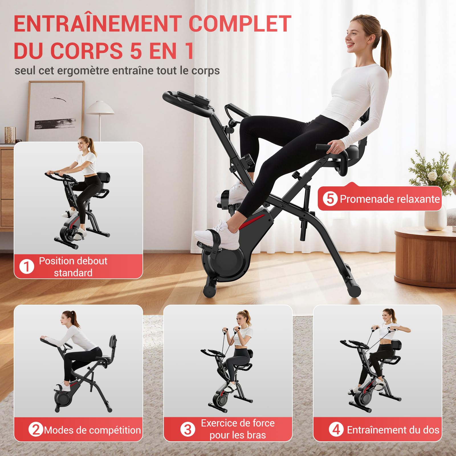 CURSOR velo d appartement pliable, 5-en-1 velo appartement pliable, équipé d'une résistance silencieuse à 16 niveaux. vélos d'appartement avec surveillance de la fréquence cardiaque et écran LED