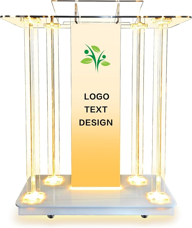 Customizable Logo & Text Church Pulpit,Transparent LED Acrylic Podium with Wheels and Vertical Reading Platform,Elegant 46" Lectern for Church and Classrooms (39.4"L*15.7"W *45.7"H)