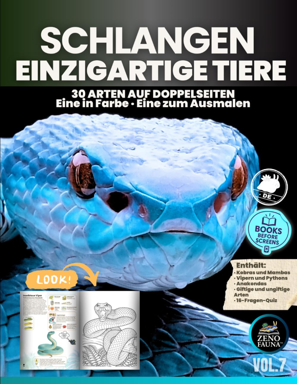 Schlangen – Einzigartige Tiere: 30 Arten auf Doppelseiten – Eine Seite in Farbe, eine zum Ausmalen
