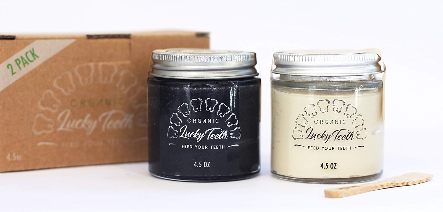 Lucky Teeth Organic Toothpaste- Mixed in Glass Jars -Charcoal + Regular (White) -All Natural, Remineralizes and Fortifies Teeth and Gums. Zero Waste Packaging (2 Bottles) (4.5 OZ, Mixed)