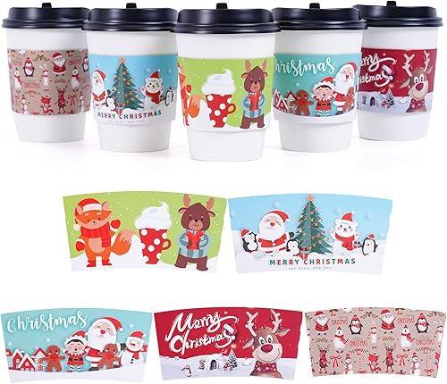 Miniatura 1 de Fundas navideñas para tazas de café, 60 unidades, chocolate caliente, cacao, fundas de papel para tazas de papel, doble capa protectora, bebidas