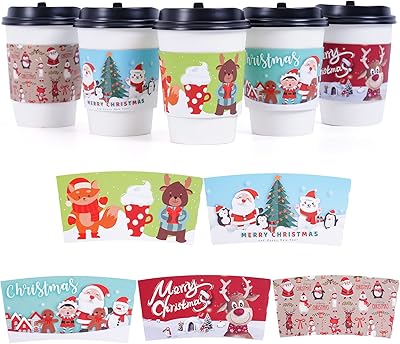 Smarimple Christmas Coffee Cup Sleeves 40 Count Hot Chocolate Cocoa Paper Cup Sleeves, Double-Layer Protective Heat Cold D...