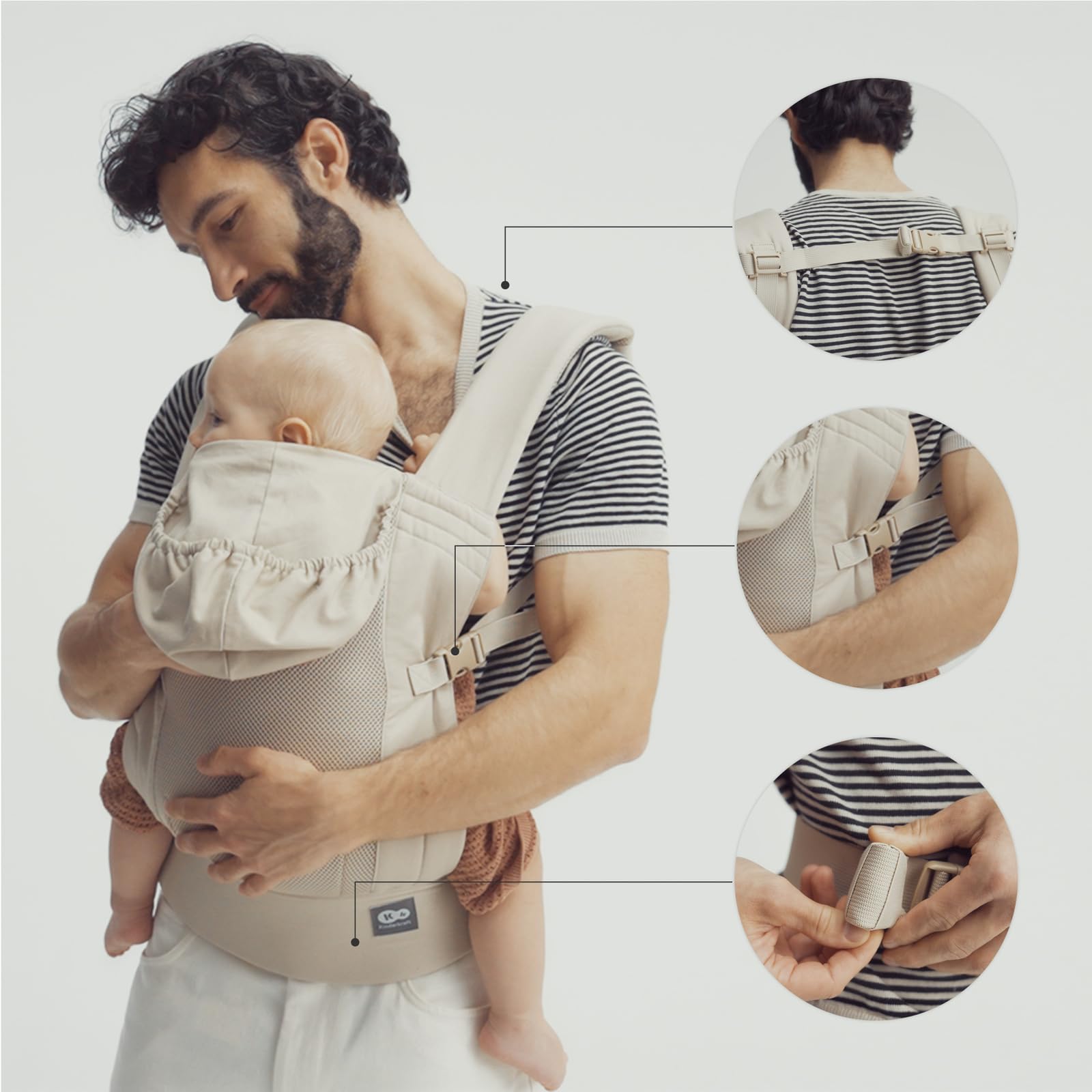 Kinderkraft ergonomische Babytrage CARRYBEE ab 3 Monaten bis 20 kg, verstellbar, feste Kapuze, aus Baumwolle und atmungsaktivem Polyester-Mesh, leicht, Beige