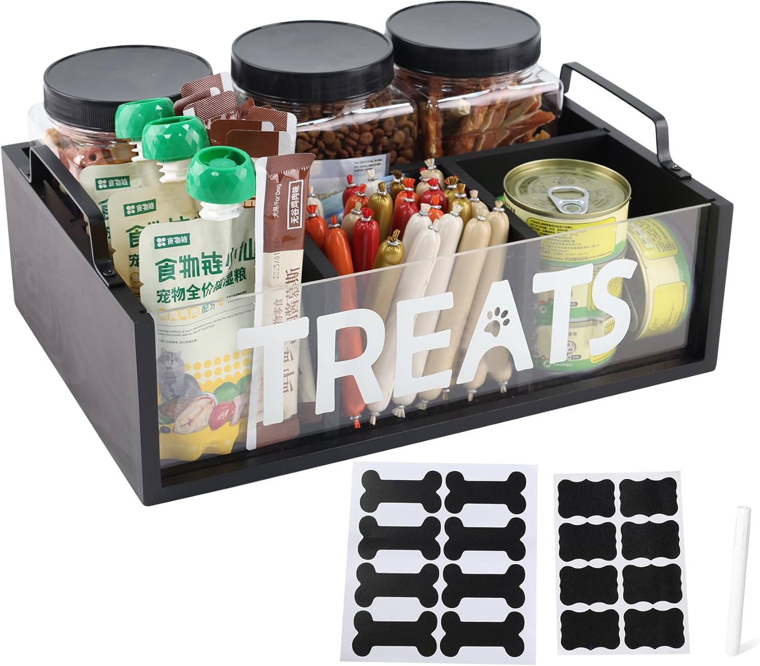 Geyecete Dog Treat Container cat food container with 3 Jars & Compartments pet treat storage with handle dog treat container for countertop