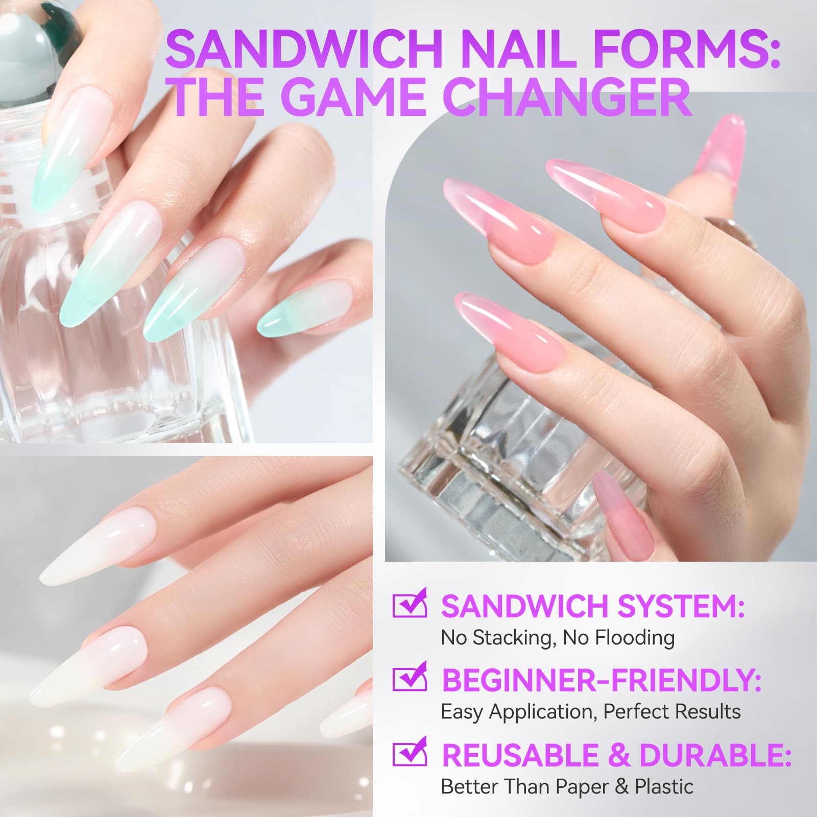 Gelike EC Formine Doppie Professionali per Gel Costruttore: Design a Sandwich, 240 Pezzi 15 Misure - Per Estensioni Gel Perfette - Facili per DIY & Salon