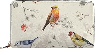 Carteira feminina Redbreast com zíper em volta da carteira pássaro couro vermelho com zíper em volta da carteira clutch porta-cartões organizador
