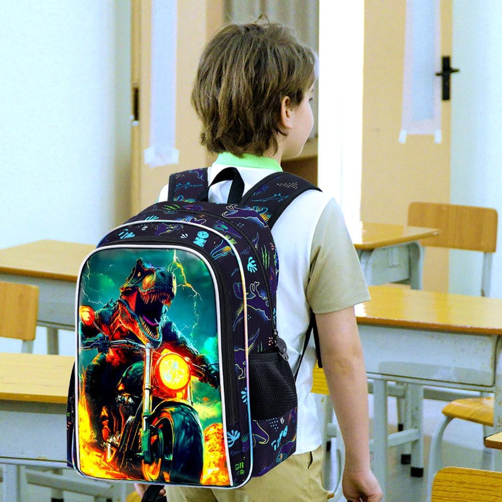 KLFVB 3PCS Dinosaur Preschool Backpack Set, Water Resistant 16" Bookbag for Boys with Lunch Box - Motorcycle Dinosaur