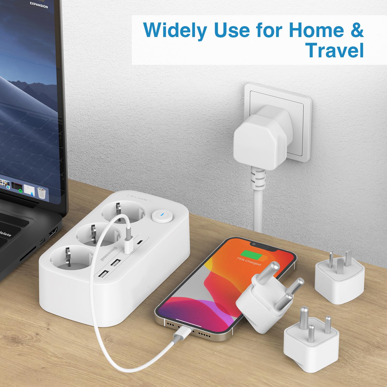 Adaptateur de Voyage International, Adaptateur de Prise avec 3 Compartiments et 4 USB (2 USB C), Type A/C/G/I/M/D Le Japon, Le UK, la Thaïlande, l'AUS, l'EU, l'Afrique du Sud, l'Inde
