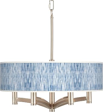 Ava 20" Wide Beachcomb Shade 6-Light Brushed Nickel Pendant Light Fixture | Modern Coastal Chandelier Ceiling Dining Room Over Table Kitchen Island Foyer Drum Hanging Print Blue Finish Hallway