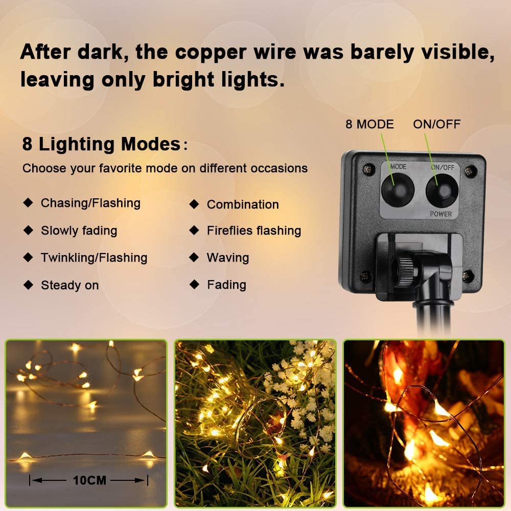 PhilzOps [2 Pezzi] Luci Solari Esterno, 12M 120 LED Catena Luminosa Solare 8 Modalità Impermeabile Decorative Stringa Luci Led Per Interni Giardino Natale Patio Matrimonio Festa, Bianco Caldo