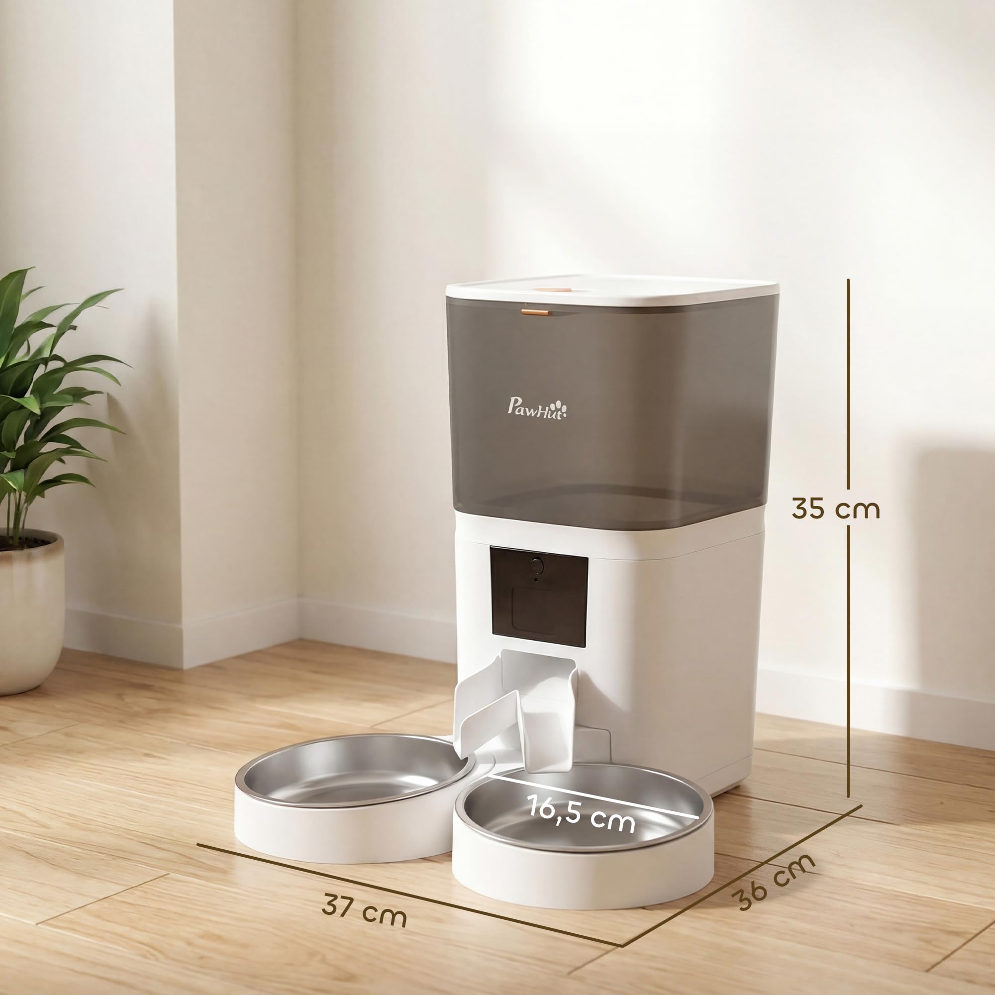 PawHut Distributeur Croquettes Chat Automatique - Mangeoire Chat 2 Animaux 6L avec Double Bol INOX - Gamelle Chat Connectée WiFi Tuya App pour Chien et Chat, Alimentation de Secours, Blanc