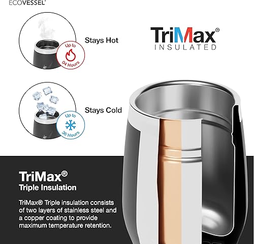 Miniatura 4 de EcoVessel PORT - Vaso de acero inoxidable con triple aislamiento, con tapa, utilizado como copa de vino, taza de café y más, 10 onzas