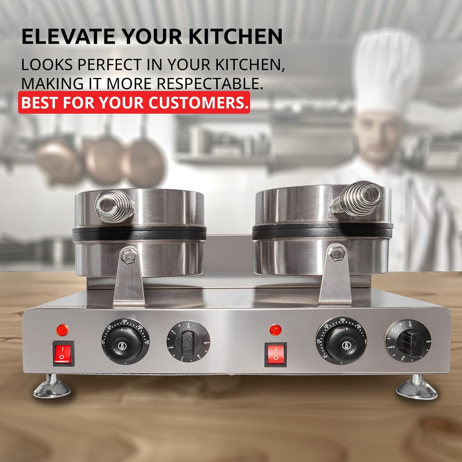 ALDKitchen Belgian Waffle Maker Thick | Cone Maker and Waffle Iron | Round-Shape Thin Waffles | Stainless Steel | 110V (DOUBLE)