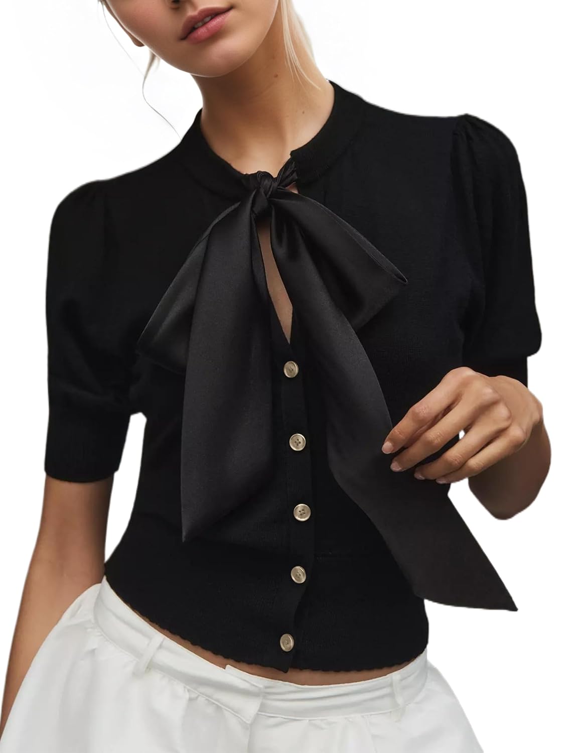 Bow Tie Front Cardigan Sweater Short Puff Sleeve Button Down Trendy Summer Knit Thin Cropped Shirt Tops