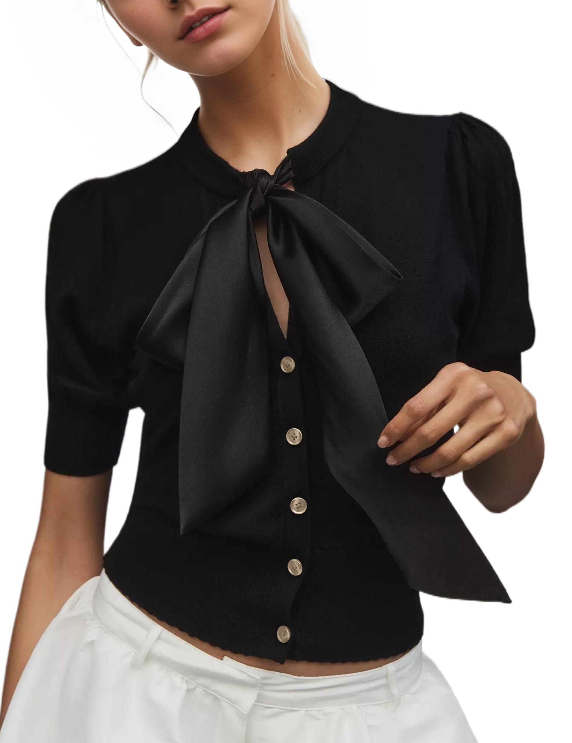 Bow Tie Front Cardigan Sweater Short Puff Sleeve Button Down Trendy Summer Knit Thin Cropped Shirt Tops