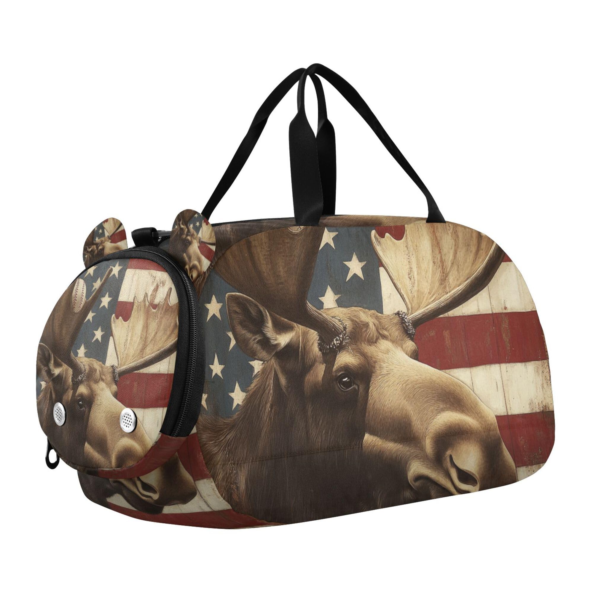 Glaphy American Flag Moose and Baseball Duffle Bag for Toddler Boys Girls, Gym Sports Bag with Shoe Compartments, Kids Travel Overnight Weekender Shoulder Bag
