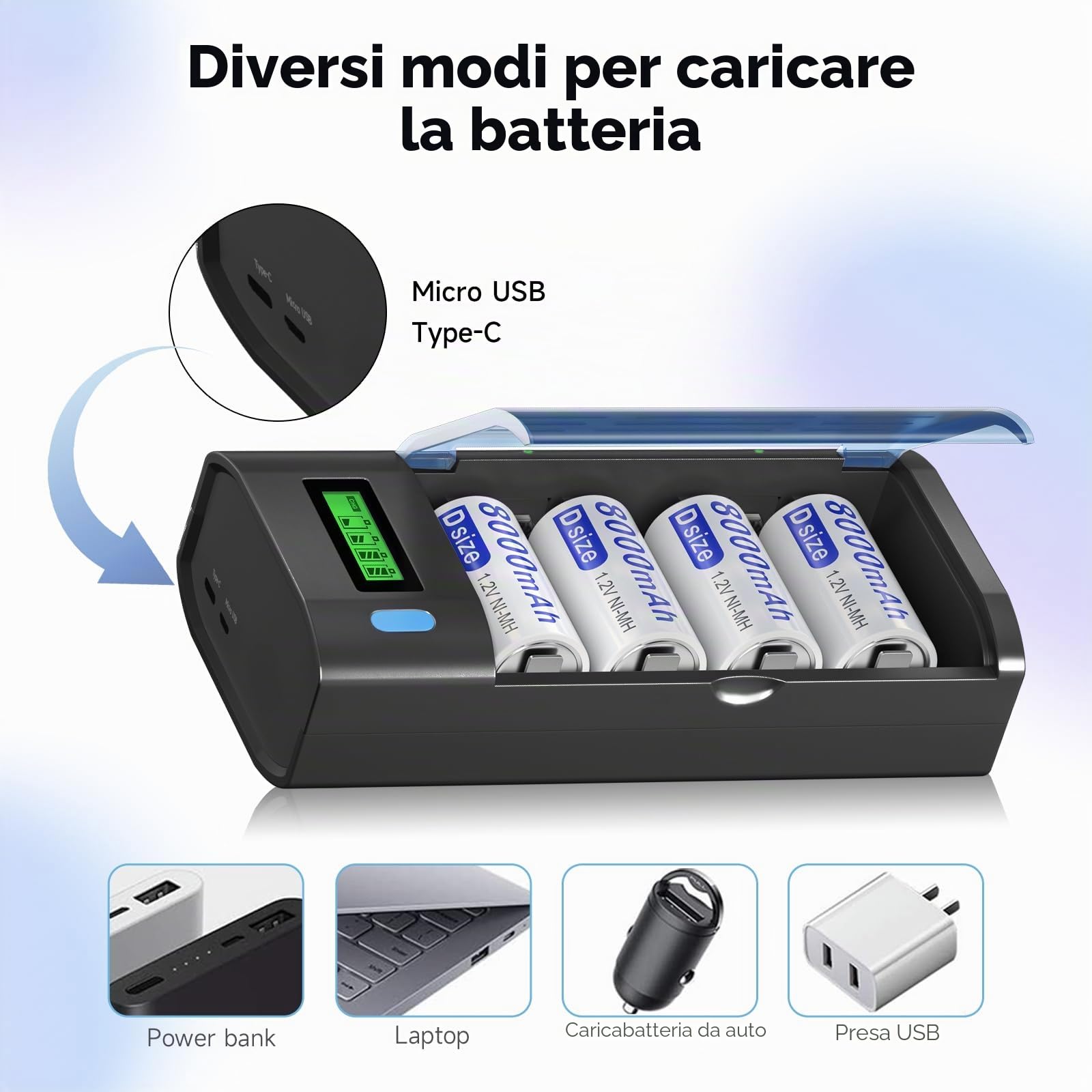 Caricabatterie AA AAA C D 9 V – Caricatore Universale per Batterie AA AAA C D 9 V NiMH NiCD, Funzione di Scarica e Display LCD Ricarica Rapida (Micro USB o tipo C)