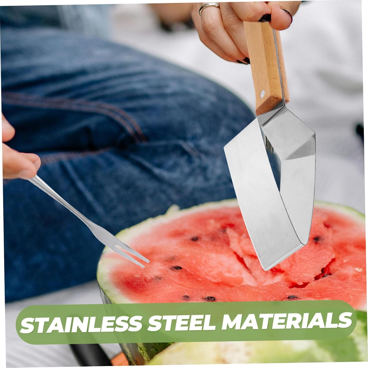 Watermelon Slicer Cutter Stainless Steel with Wood Fork, Silver