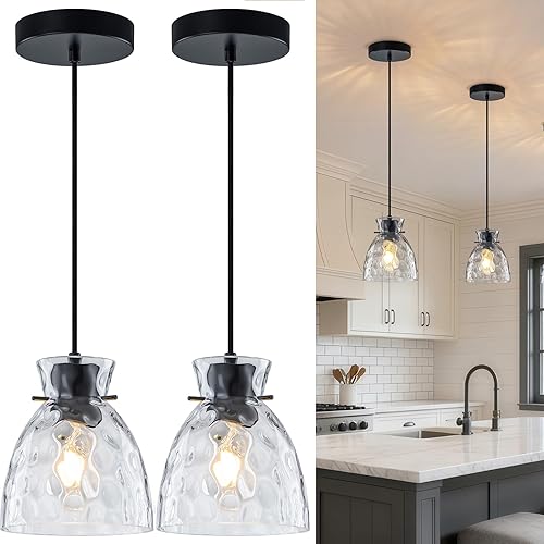 Hammered Glass Black Pendant Lights Kitchen Island 2 Pack, 5.9”
