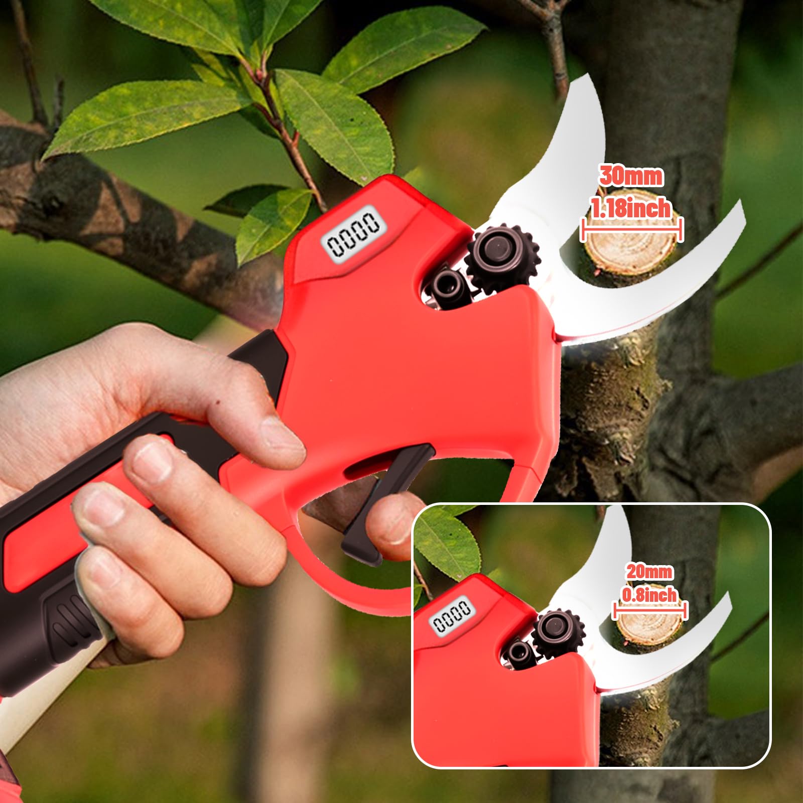 Set professionale per potatura a batteria, orientabile a 180°, con display numerico, 2 batterie da 2000 mAh, tracolla, guanti, occhiali di protezione, coltello di ricambio per albero di frutta