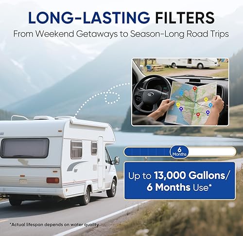 Miniatura 6 de PUREPLUS Sistema de filtro de agua de doble etapa RV con dos cartuchos y soporte de montaje, certificado NSFANSI 42, reduce los sedimentos, el
