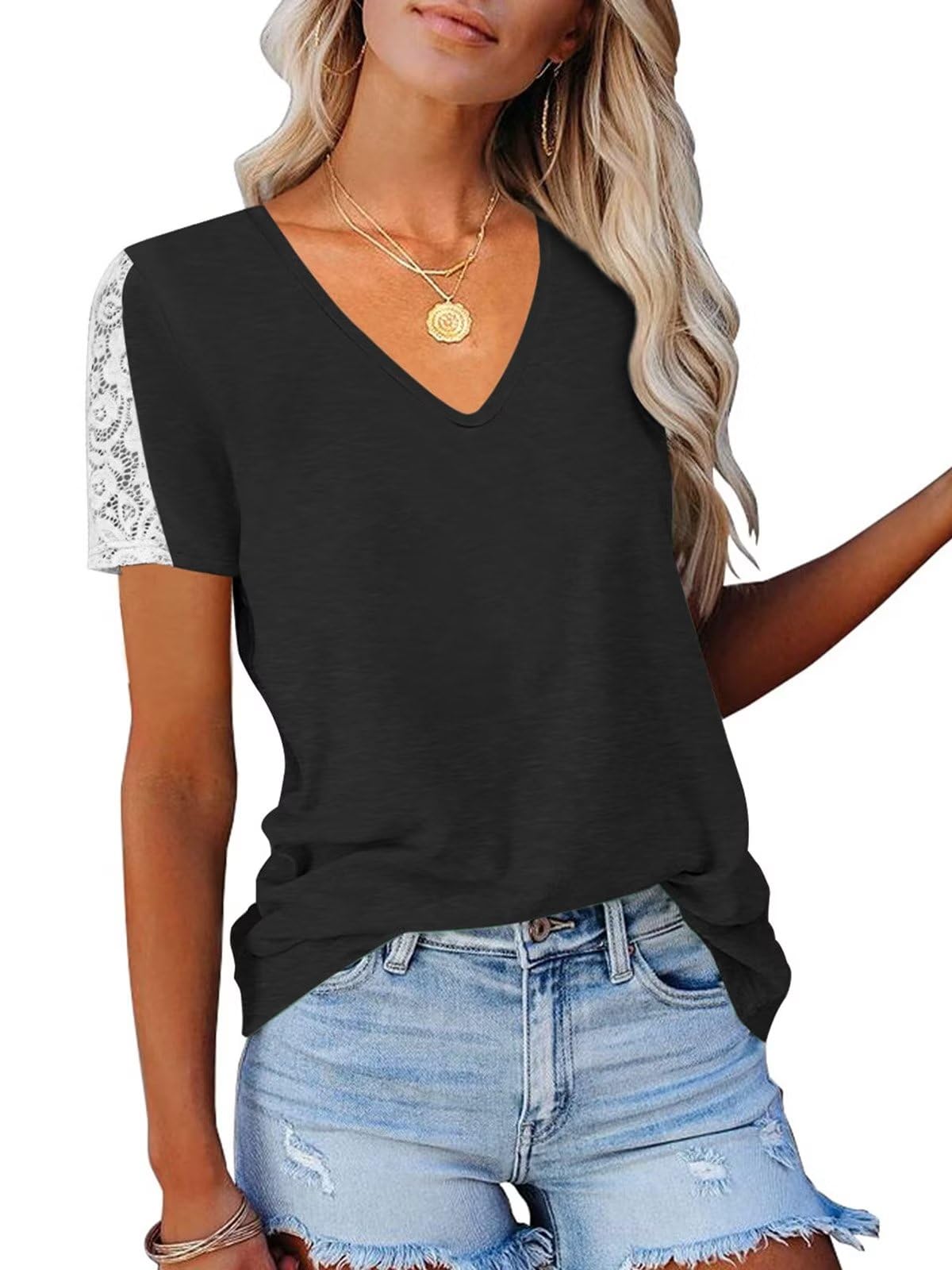 Eachyes Womens Lace Short Sleeve V Neck T Shirts Summer Casual Tops Loose Fit Tees Blouses
