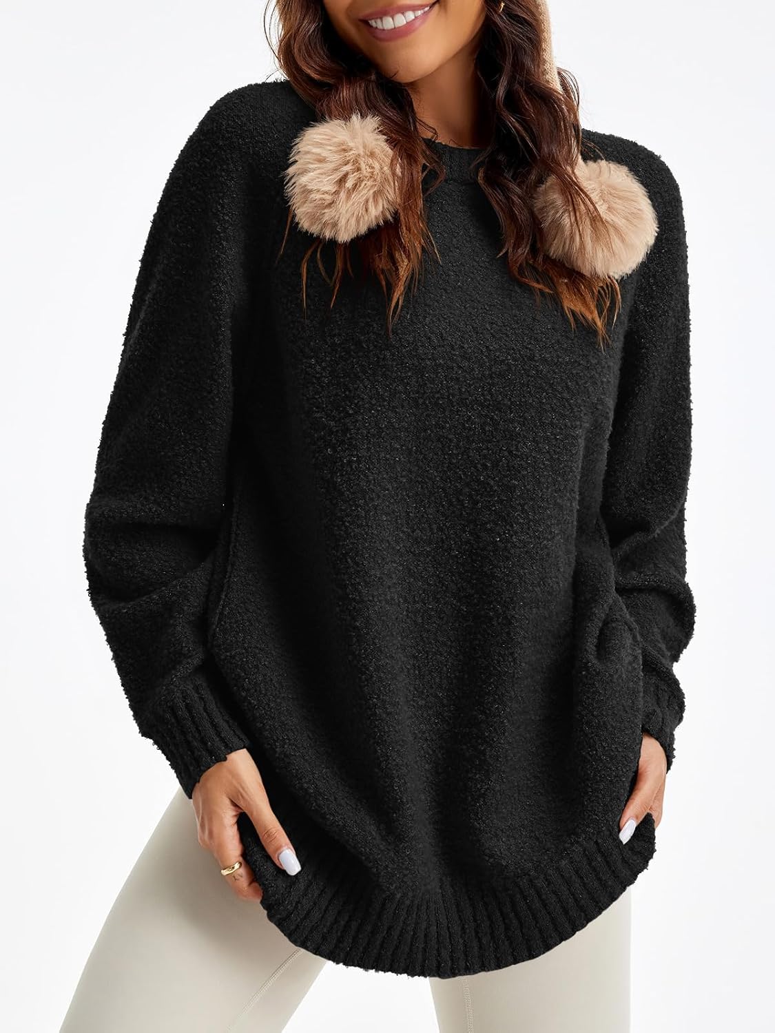 Saodimallsu Womens Oversized Sweater 2025 Fall Trendy Fuzzy Crew Neck Long Sleeve Casual Tunic Sweaters - Image 4