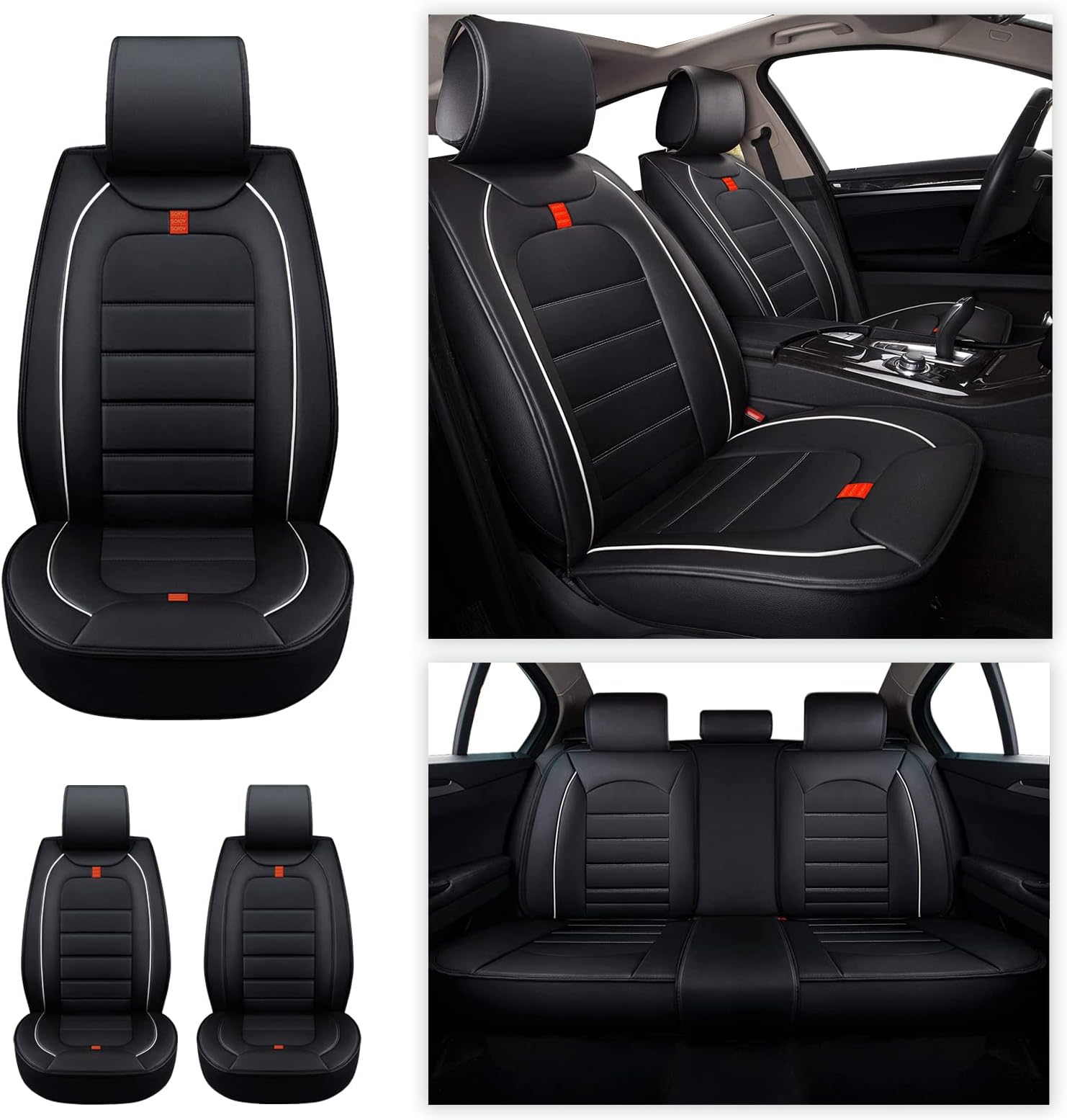 Sojoy Padded Car Seat Covers Full Set- Front and Rear Seat Cushions Four Seasons Waterproof Faux Leather Fits for Most Sedan Truck Pickup Hatchback SUV (Black with White Trim)