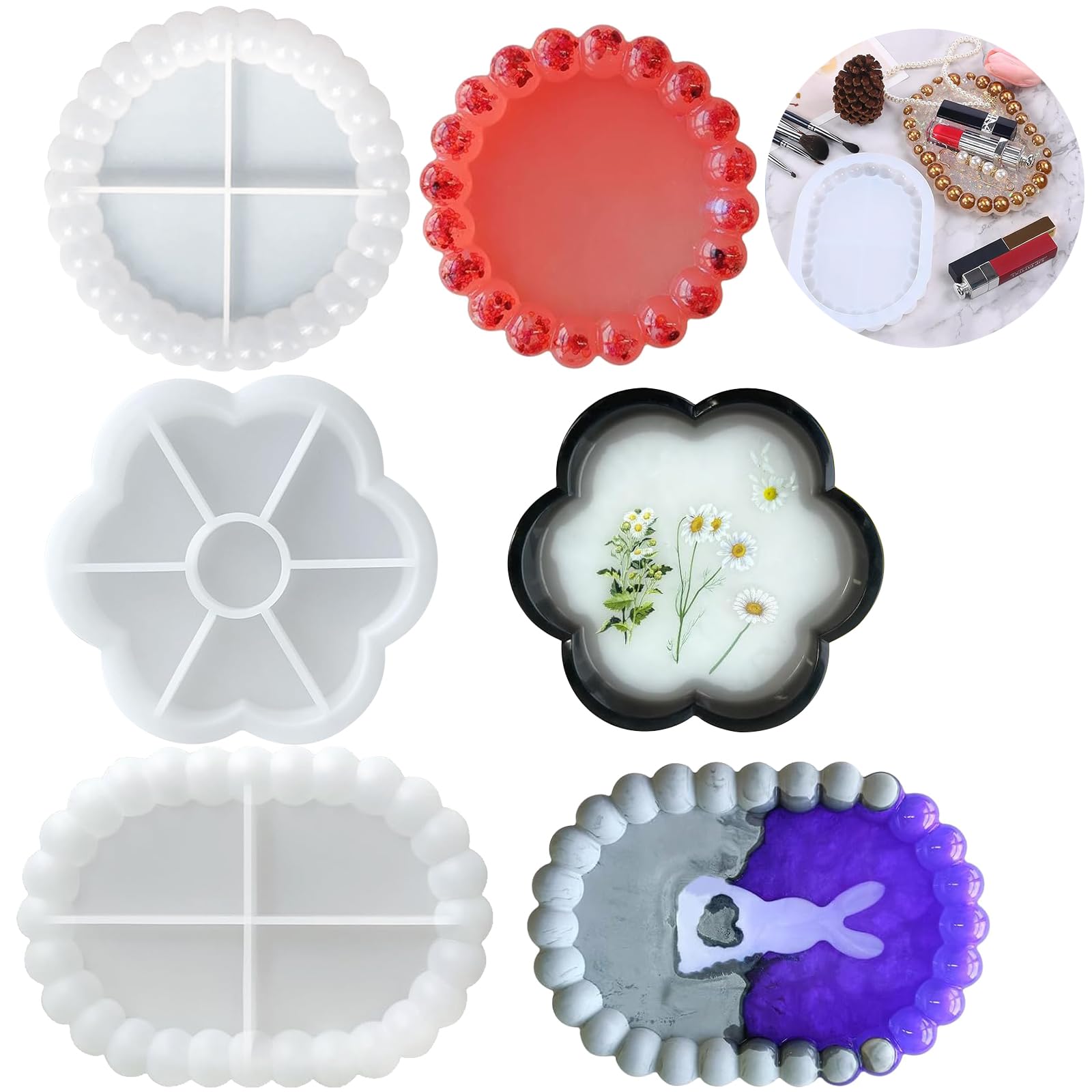 3Pcs Bubble Coaster Mould Set, Bubble Tray Epoxy Resin Casting Mould, DIY Oval Flower Plate Mold