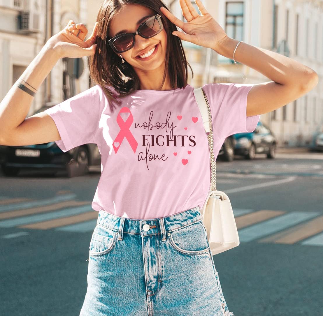 Cancer Shirt for Women Breast Cancer T-Shirt Nobody Fights Alone Shirts We Wear Pink Shirt Ribbon Short Sleeve Tee Tops