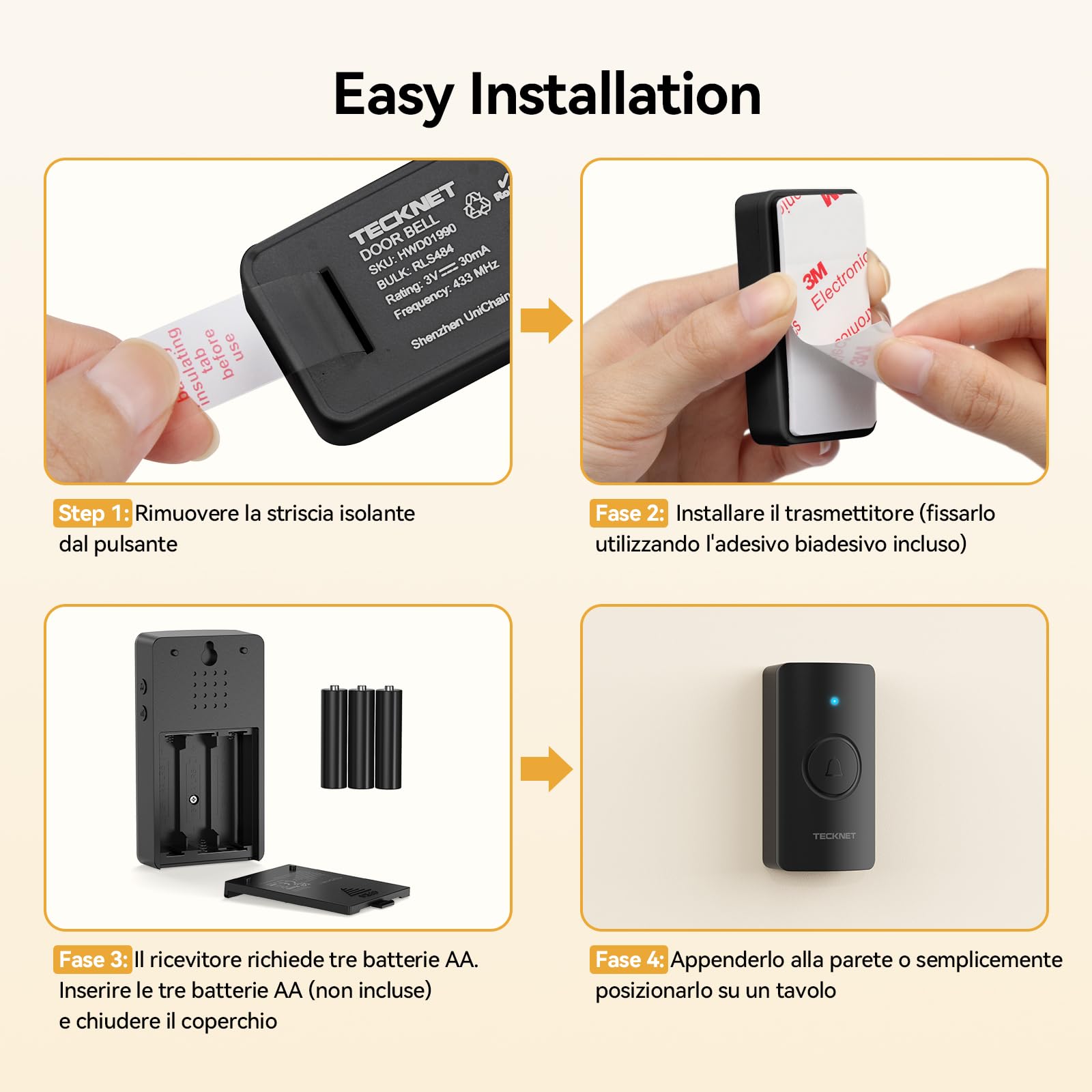TECKNET Campanello Senza Fili IP65 Impermeabile 400m per Casa | 2 trasmettitori e 1 ricevitore, 60 suonerie, 5 livelli volume, batteria inclusa, Funzione di memoria, LED, per esterno