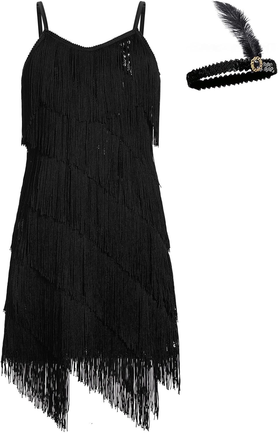 IWEMEK Girls Latin Tassel Dance Dress Fapper Sequin Fringe Flapper Dresses 1920s 20s Feather Headband Ballroom Dance Outfit