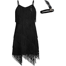 IWEMEK Girls Latin Tassel Dance Dress Fapper Sequin Fringe Flapper Dresses 1920s 20s Feather Headband Ballroom Dance Outfit