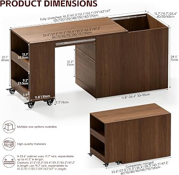 Sewing Craft Table with Expandable Pull-Out Desktop, Concealed Storage & Locking Casters, Rolling Sewing Machine Table for Sewing Room, Craft Room, Quilting & Tailors