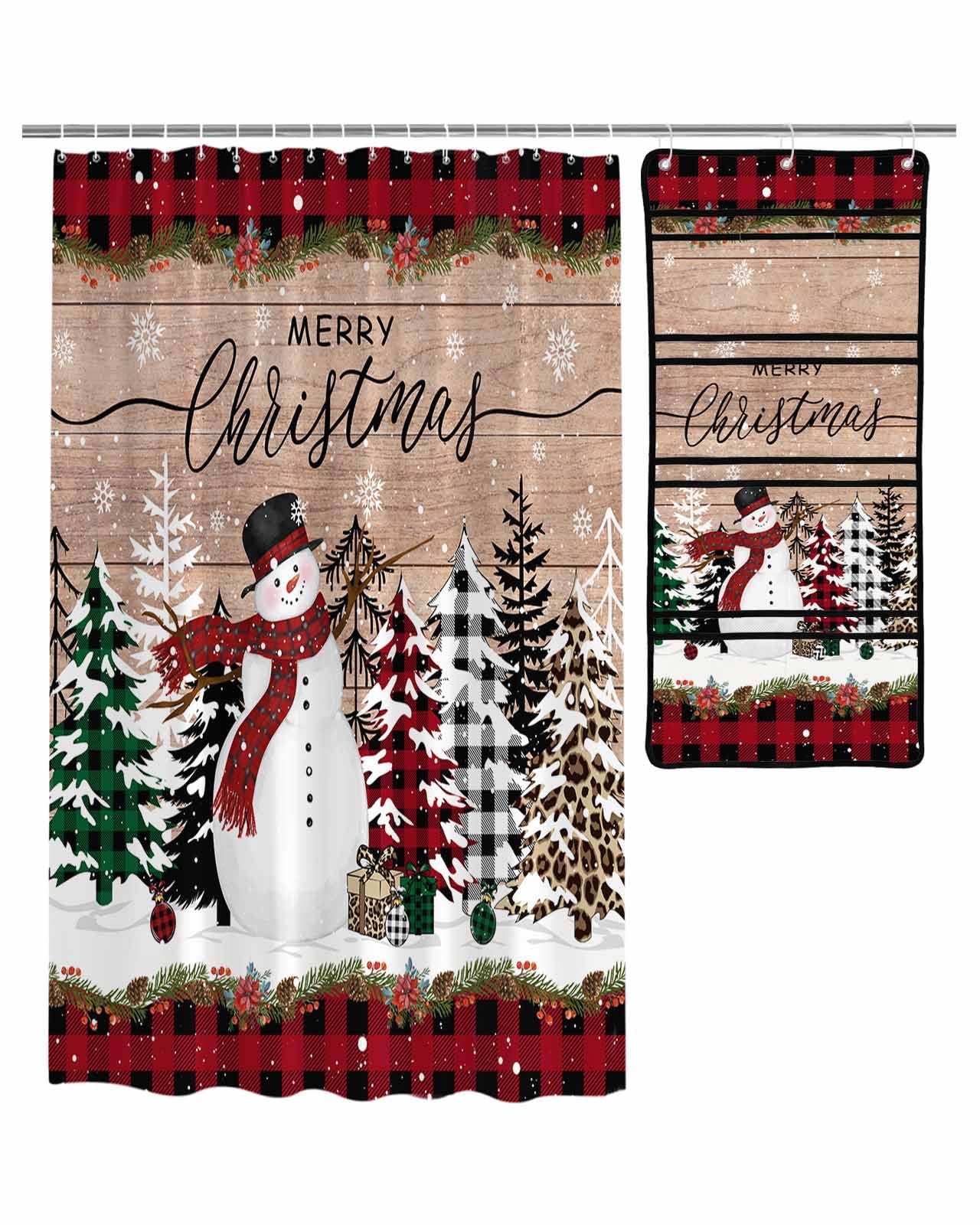 ZFUNCING Shower Curtain Mesh Shower Organizer Set Retro Snowman Merry Christmas Tree Waterproof Bath Curtains Hanging Shower Caddy