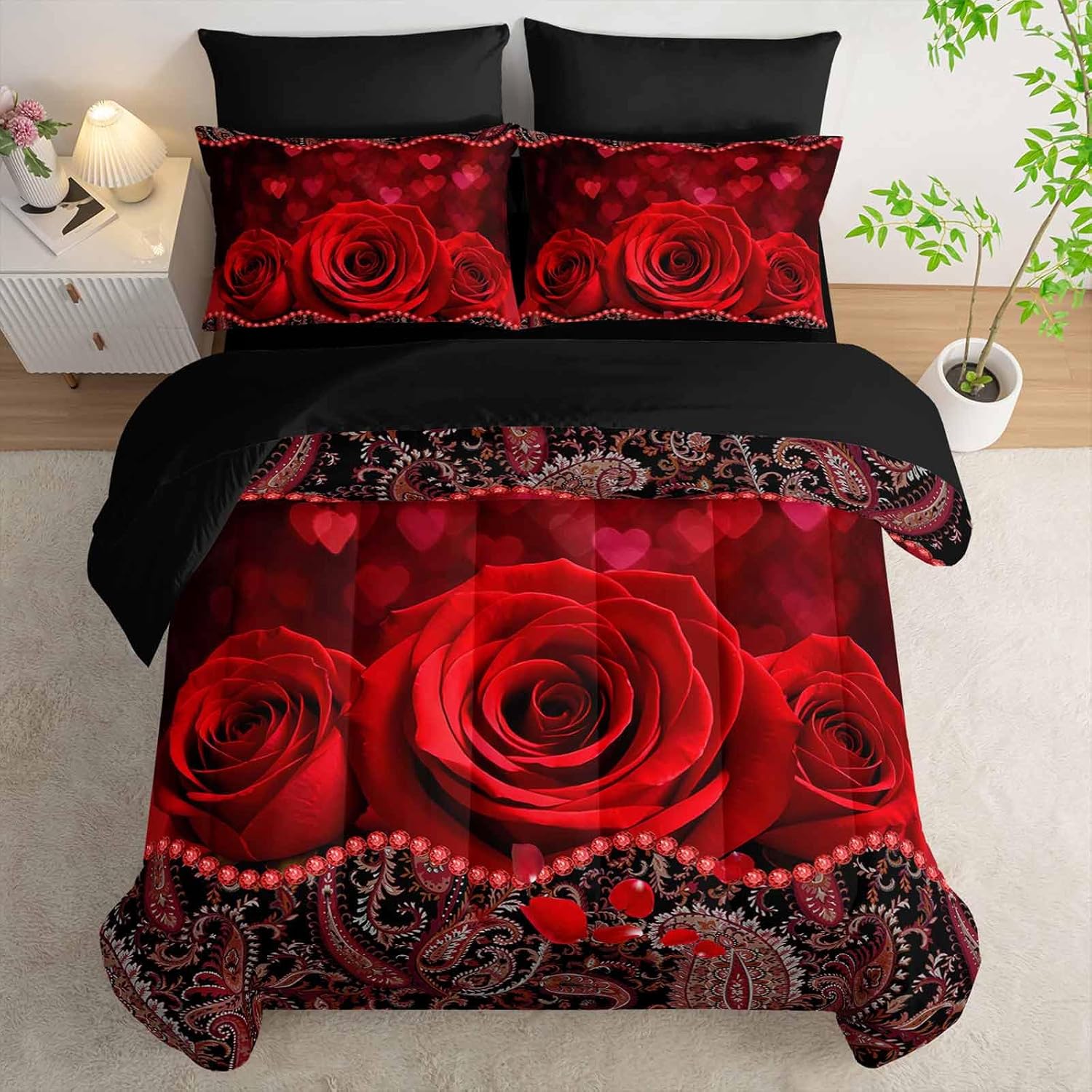 AILONEN 3D Oil Painting Red Rose Comforter Set for Girls Women Queen Size,7-Piece Rose Flower of Love Pattern Bed in a Bag,Comforter & Fitted Sheet with Flat Sheet & 2 Pillowcases,2 Pillow Cases