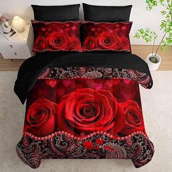AILONEN 3D Oil Painting Red Rose Comforter Set for Girls Women Queen Size,7-Piece Rose Flower of Love Pattern Bed in a Bag,Comforter & Fitted Sheet with Flat Sheet & 2 Pillowcases,2 Pillow Cases