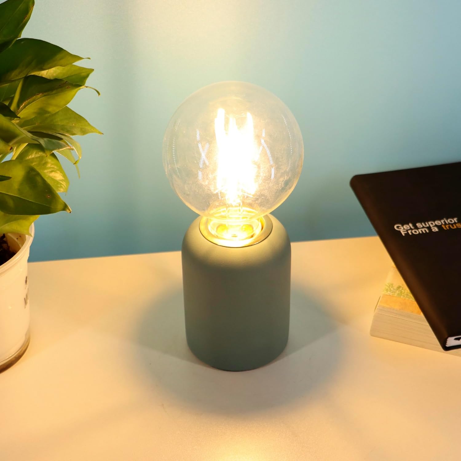 Mini Modern Blue Concrete Bedside Table Lamp, 3.5 x 3.5 x 8.5 Inch Nightstand Lamps, with Spherical Bulb Round Side Table Lamp for Bedroom Living Room Entryway Table Lamps