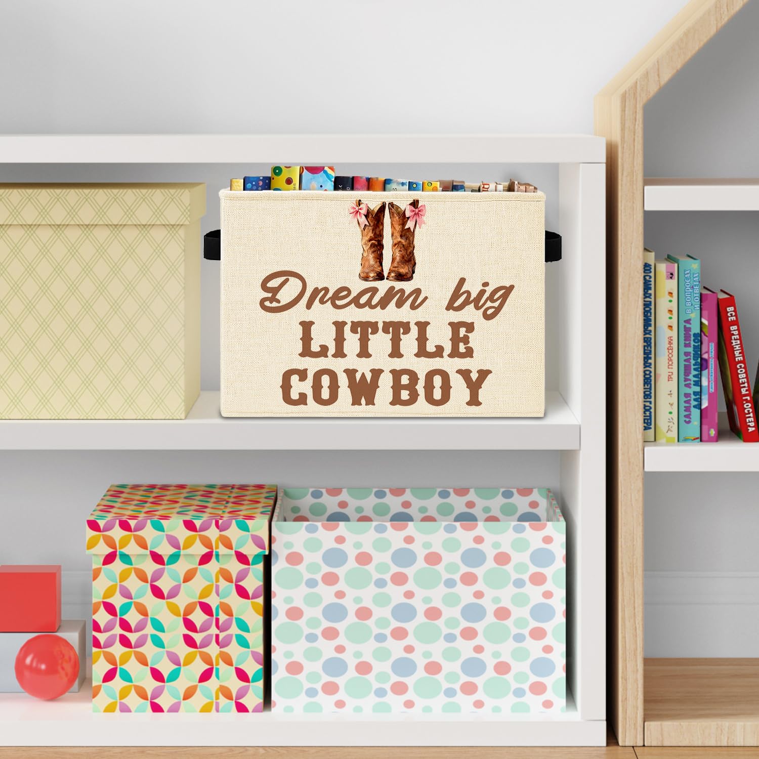 Western Cowgirl Nursery Storage Bins Box with Handles, Coquette Pink Bow Cowgirl Boot Western Laundry Basket Hamper Collapsible Clothes Toys Organizer for Kids Girls Bedroom Bathroom