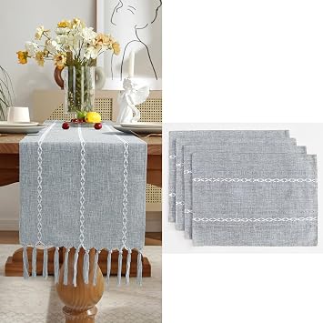 Wracra Homes Value Pack - Rustic Dusty Blue Table Runner and Grey Placemat Set; Cotton Linen Farmhouse Table Runner 13 x 90 in and 4 Placemat 12 x 18Inch; 5 pcs in Total