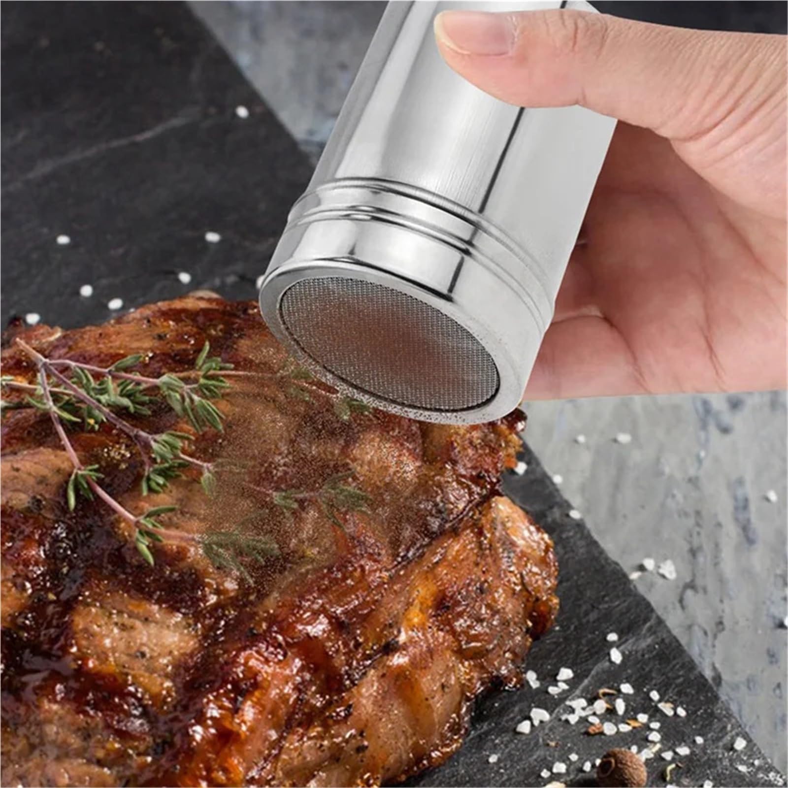 Aspersor de Polvo Acero Inoxidable 3 Piezas con Tapa para Casa | Botella de condimento de cacao en polvo, rociador de polvo, tarro de condimento, herramientas for barbacoa