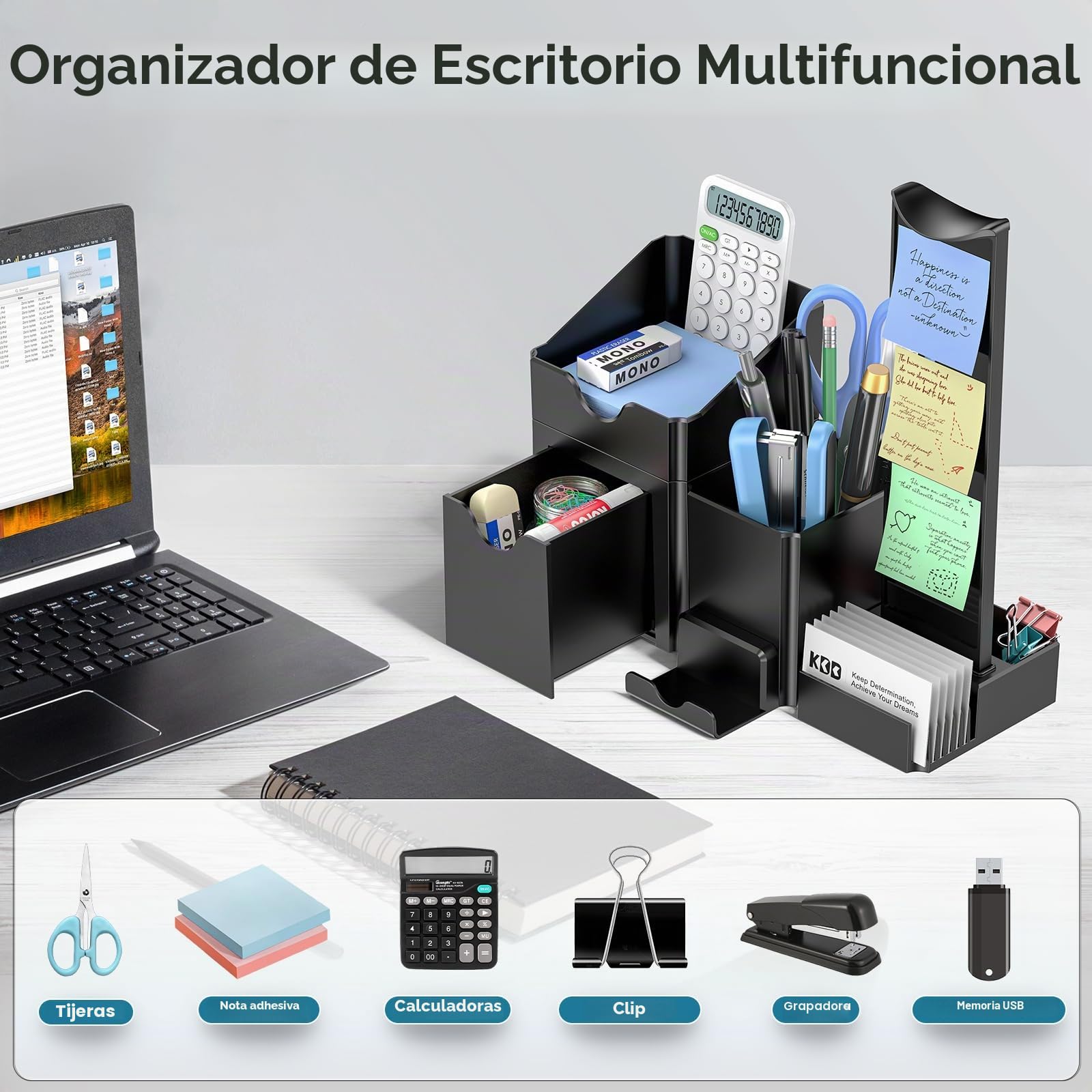 KDD 7 en 1 Juego de Organizador Escritorio Con Cajones-Organizador Escritorio con Caja Almacenaje, Colgador de Auriculares, Portalápices, 2 Cajones del Compartimento, para Notas Adhesivas, Tarjetero