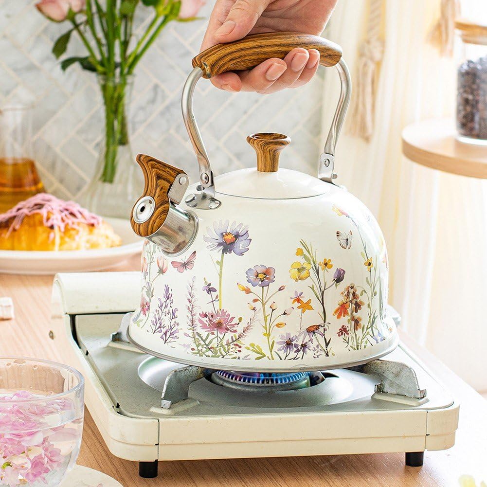 Bouilloire Sifflante 3l À Motif Floral avec Poignée Anti-brûlure, Style Vintage, Compatible avec Les Plaques De Cuisson À Gaz À Induction.