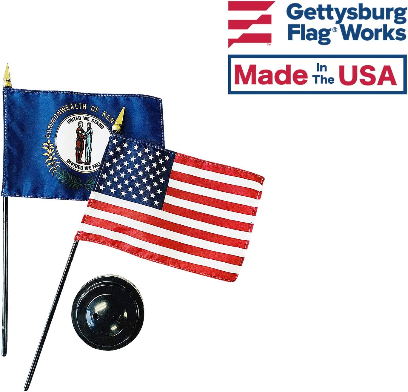 Set of 3 4x6" E-Gloss Kentucky Stick Flag w/U.S. Stick Flag & 2 Flag Plastic Table Base - Made in the USA