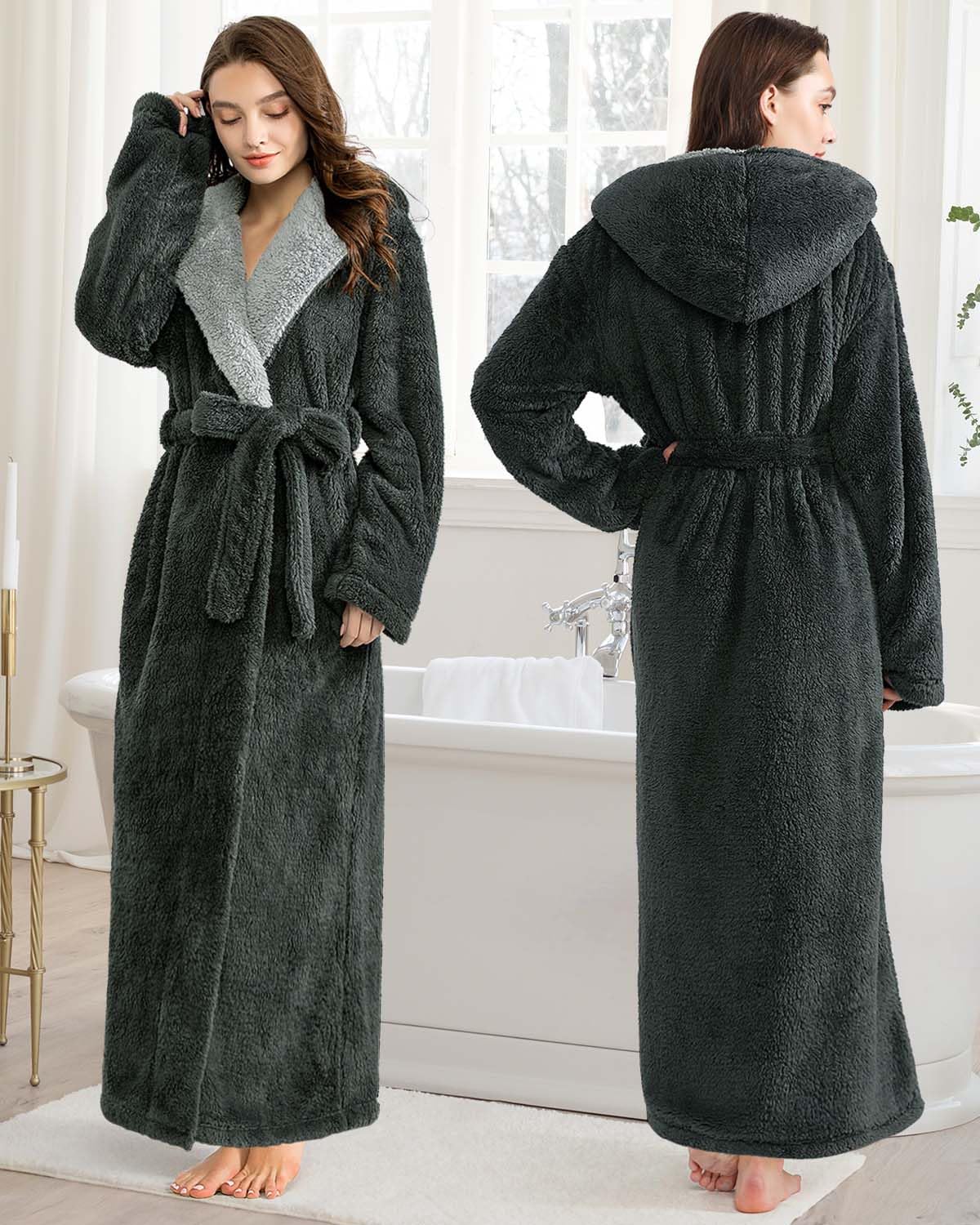 Damen Bademantel Lang und Flauschig: Plüsch Fleece Bademantel ohne Kapuze aus Plüsch Flanell mit Gürtel - Dick & Bequem Hausmantel Perfekt für Zuhause oder als Weihnachtsgeschenk